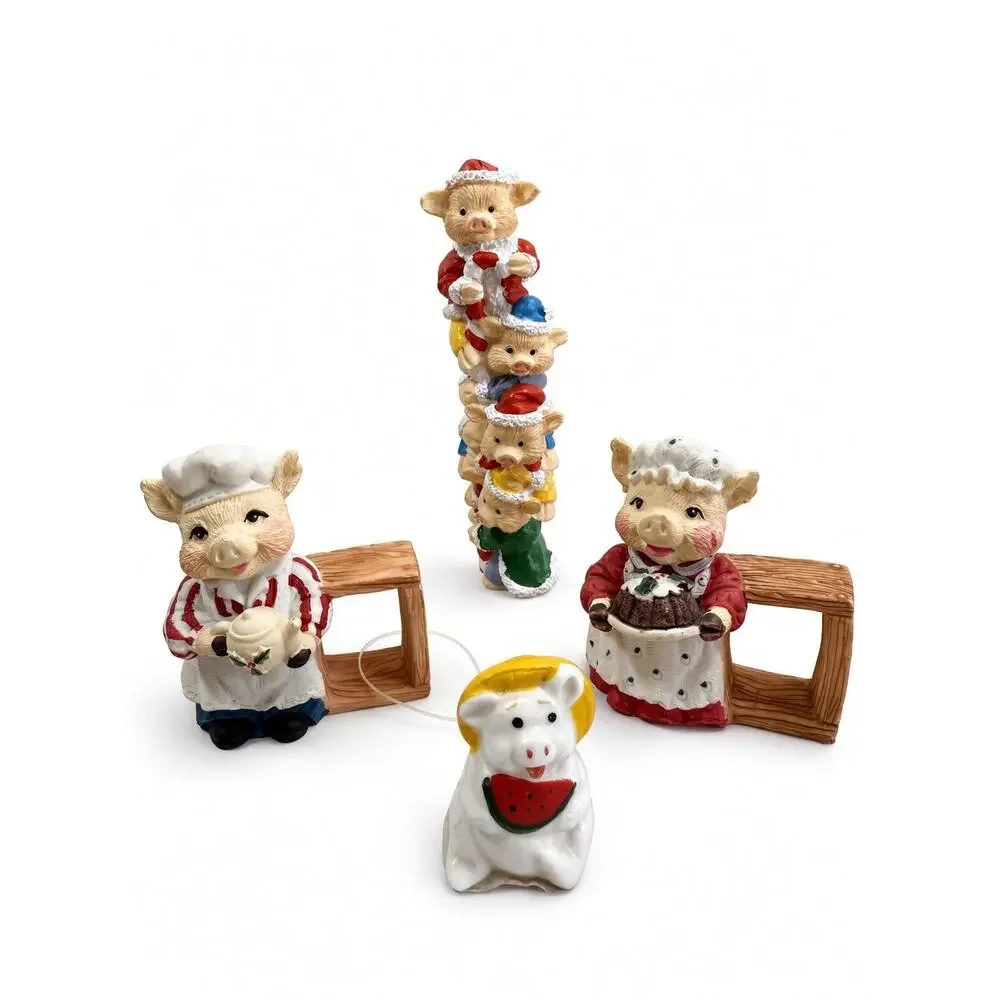 Set of 4 Vintage Christmas Pigs, Festive Holiday Figurines, Farmhouse Decor